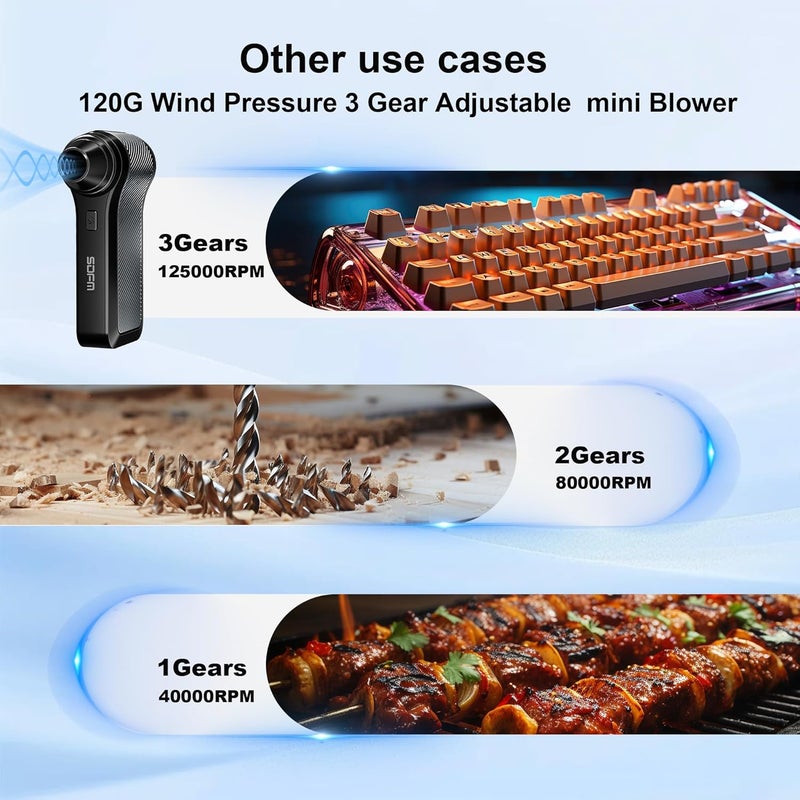 DFM Compressed Air Duster, 125000RPM Electric Air Duster with Brushless Motor, Contains Multiple nozzles, for Cleaning Keyboard & PC. 3 Adjustable Gears, Rechargeable mini Blower for Car Detail - Image 3